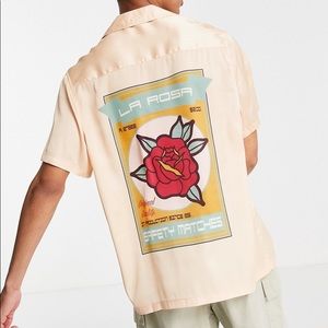 NWOT ASOS Design Relaxed Deep Revere Satin Shirt w/ Rose Placement Print In Pink